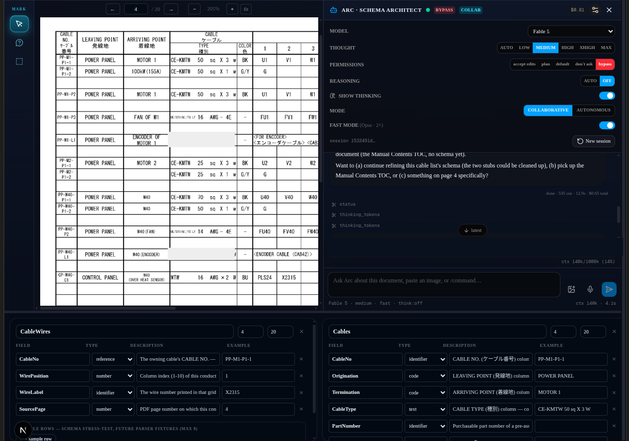 Extraction Studio: Arc designing a cable-list table live — a tabular document page at left, draft tables with typed columns building below