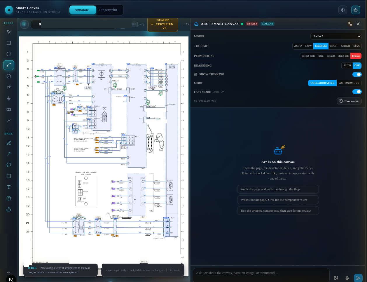 Smart Canvas: a Certified schematic sheet with its logic-graph overlay — components, terminals, and wires annotated over the original print, Arc's panel docked at right